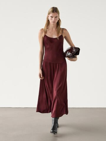 Massimo Dutti Платье-комбинация миди на бретелях, бордо