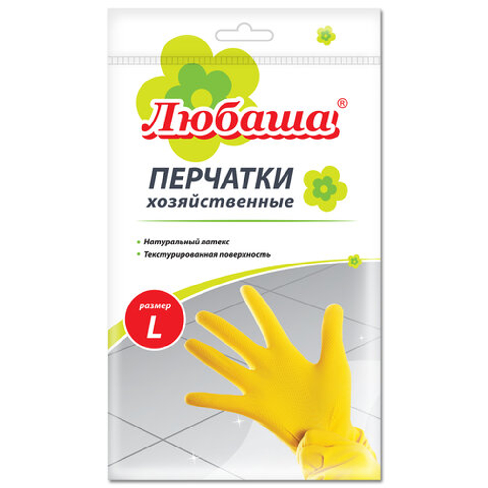 Перчатки МНОГОРАЗОВЫЕ латексные ЛЮБАША "ЭКОНОМ", хлопчатобумажное напыление, размер 8-9, L (большой), желтые, вес 32 г