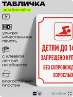 Табличка для бассейна "Детям до 14 лет запрещено купаться без сопровождения взрослых", на пляж, для общественной и частной зоны отдыха, информационная, 40х30 см, Silver Plane x Айдентика Технолоджи