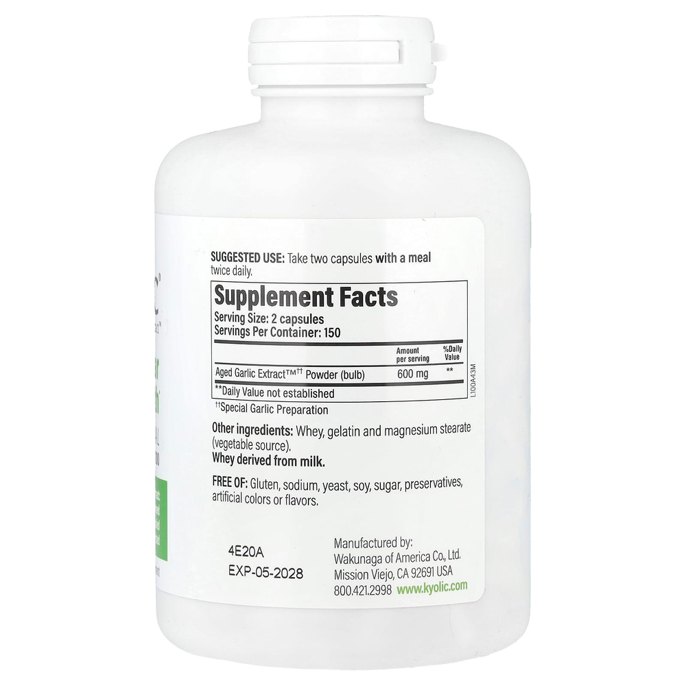 Kyolic, Aged Garlic Extract™, выдержанный экстракт чеснока, добавка для здоровья сердечно-сосудистой системы, оригинальный состав, формула 100, 300 капсул (300 мг в 1 капсуле)