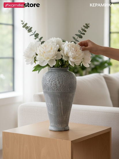 Ваза для цветов 30 см. керамическая с цветочным узором