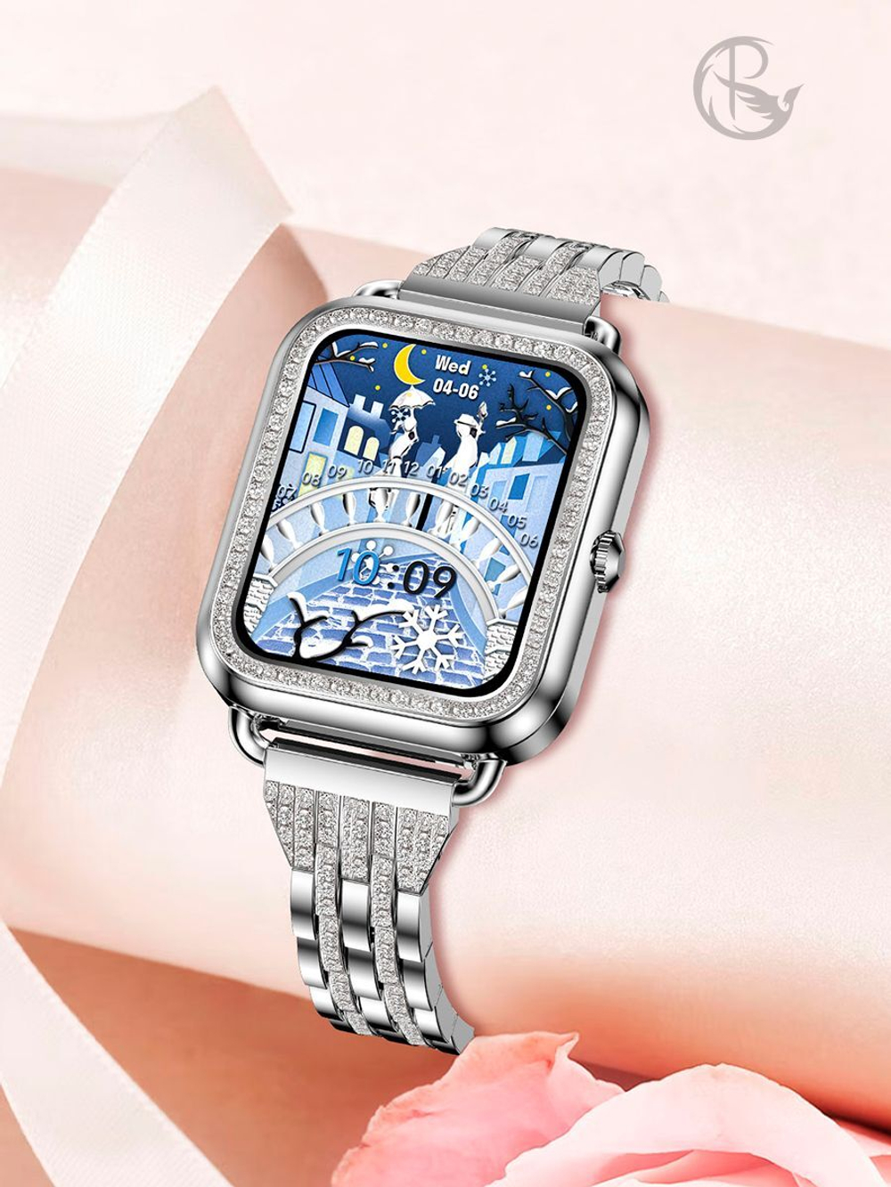 Смарт часы PARASMART Asteria i68 (блочный браслет со стразами, серебристый)