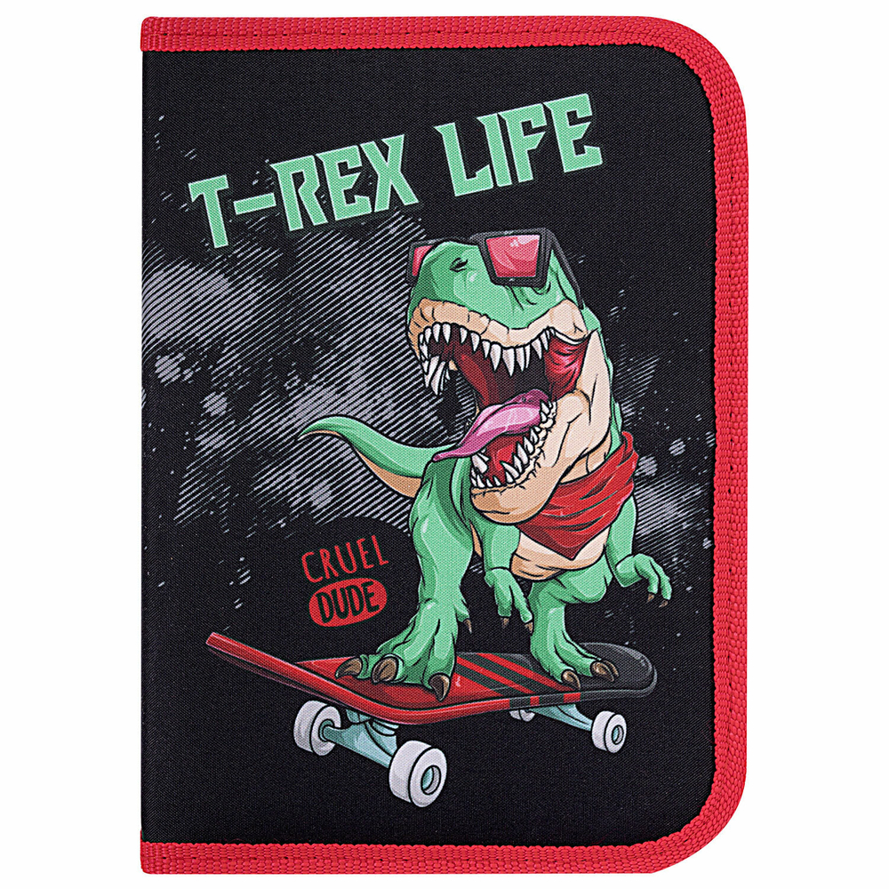 Пенал ПИФАГОР, 1 отделение, 2 откидные планки, полиэстер, 20х14 см, "T-Rex Life", 271513