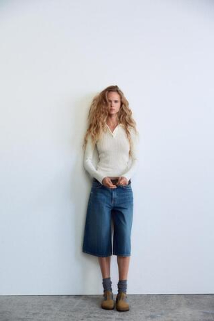 ZARA ТОП ПОЛО С УЗОРОМ «КОСЫ», ЭКРЮ