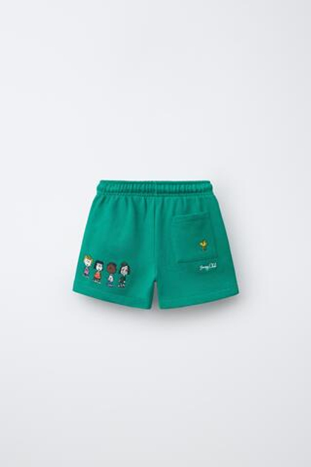 ZARA ШОРТЫ ИЗ МЯГКОЙ ТКАНИ С ВЫШИВКОЙ SNOOPY PEANUTS™, ЗЕЛЕНЫЙ