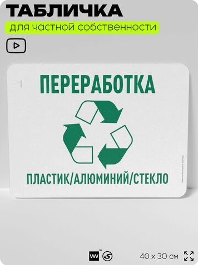 Табличка для сортировки отходов "Переработка пластик алюминий стекло", для контейнеров, пунктов раздельного сбора, организаций и дворовых территорий, 40х30 см, Silver Plane x Айдентика Технолоджи