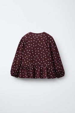 ZARA ФУТБОЛКА С ЦВЕТОЧНЫМ ПРИНТОМ И БАРХАТНЫМ БАНТОМ, ГРАНАТОВЫЙ