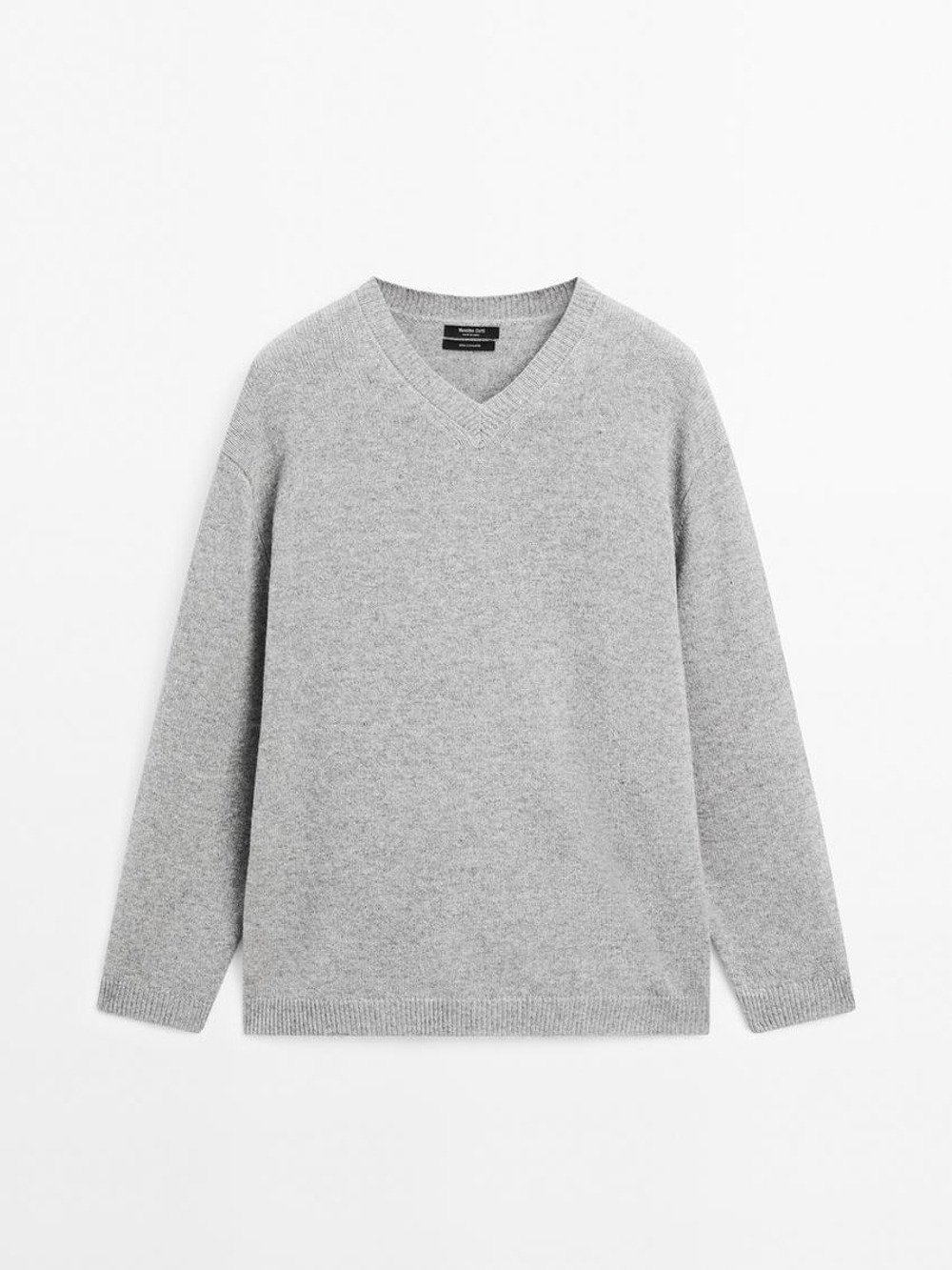 Massimo Dutti Кашемировый свитер оверсайз с V-образным вырезом, серый