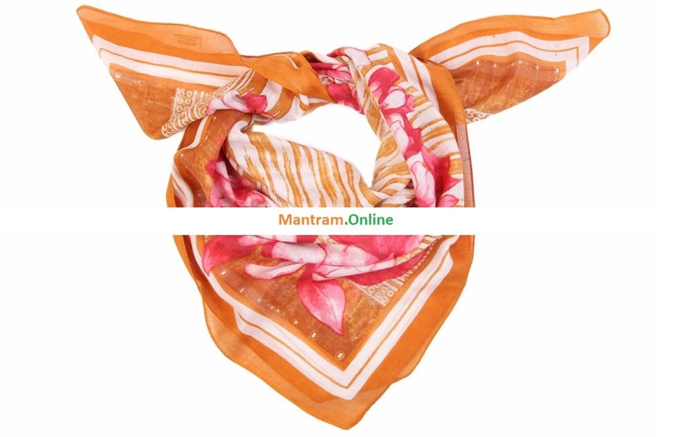 Платок материал Вискоза 100% Розовые цветы на оранжевом фоне с оранжевой каймой 95x95 см.