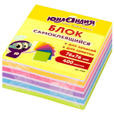 Блок самоклеящийся (стикеры) ЮНЛАНДИЯ НЕОНОВЫЙ 76×76 мм, 400 листов, 7 цветов, 111351