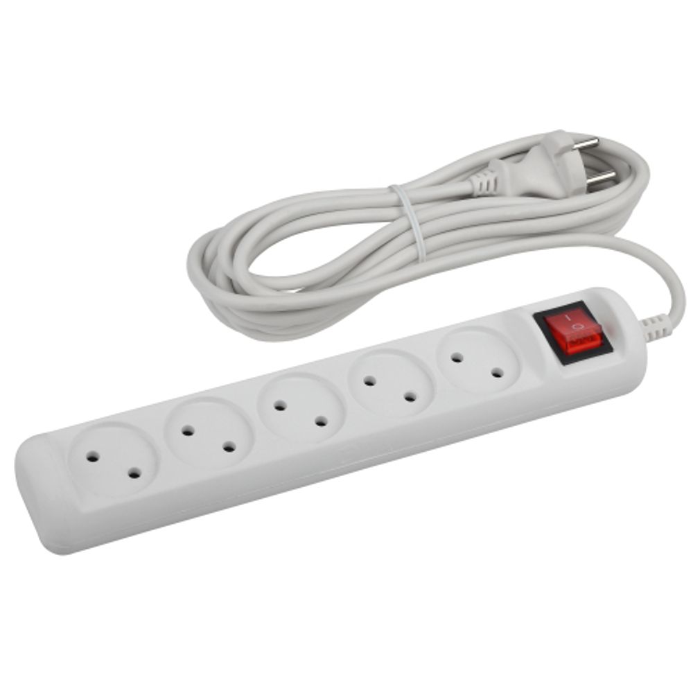 Удлинитель электрический ЭРА U-5s-3m-2x1 без заземления c выключателем 5 розеток 3м ПВС 2x1мм2 10А | Бытовые удлинители