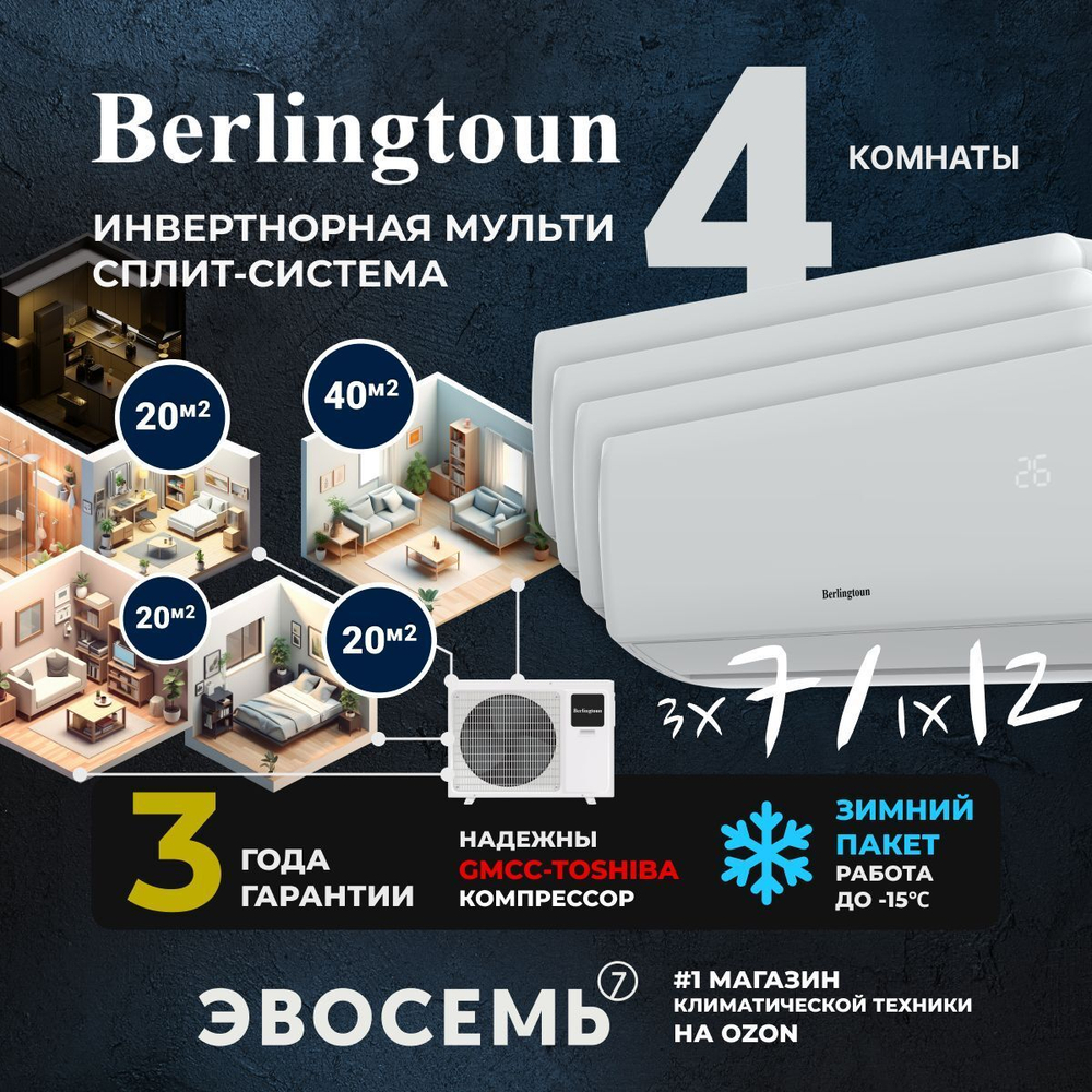 Инверторная мульти сплит-система Berlingtoun на 4 комнаты (20м2x3 + 40м2) BMO-36/4AIN1/BMI-07AIN1x3 + BMI-12AIN1