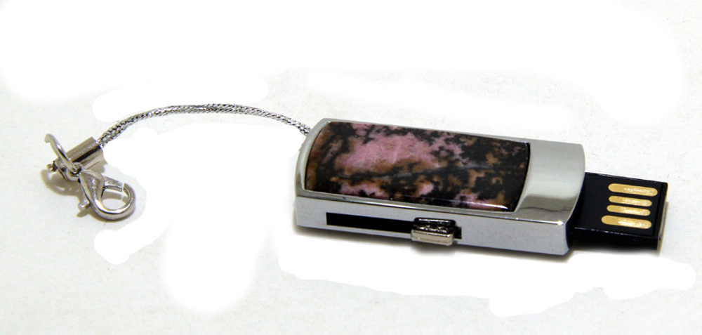 Подарочная USB флеш карта на 64GB с накладкой камня родонита, в подарочной упаковке
