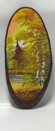 Панно на срезе дерева" Янтарный закат" 50-21см