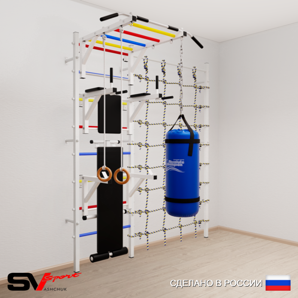 Шведская стенка Sv Sport усиленная 66110 (Турник рукоход/Брусья/Стойка/Скамья/Кольца/Цепь/Мешок 15кг/Канатный лаз)