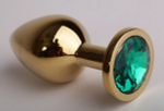 Золотистая анальная пробка с зеленым кристаллом - 8,2 см. (Цвет: зеленый)