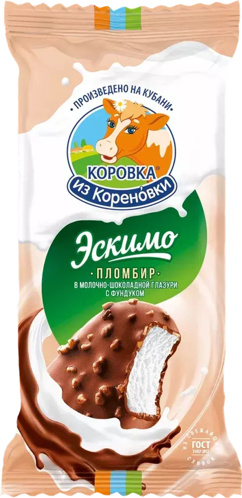 Мороженое Коровка из Кореновки, эскимо в молочно-шоколадной глазури с фундуком, 70 гр