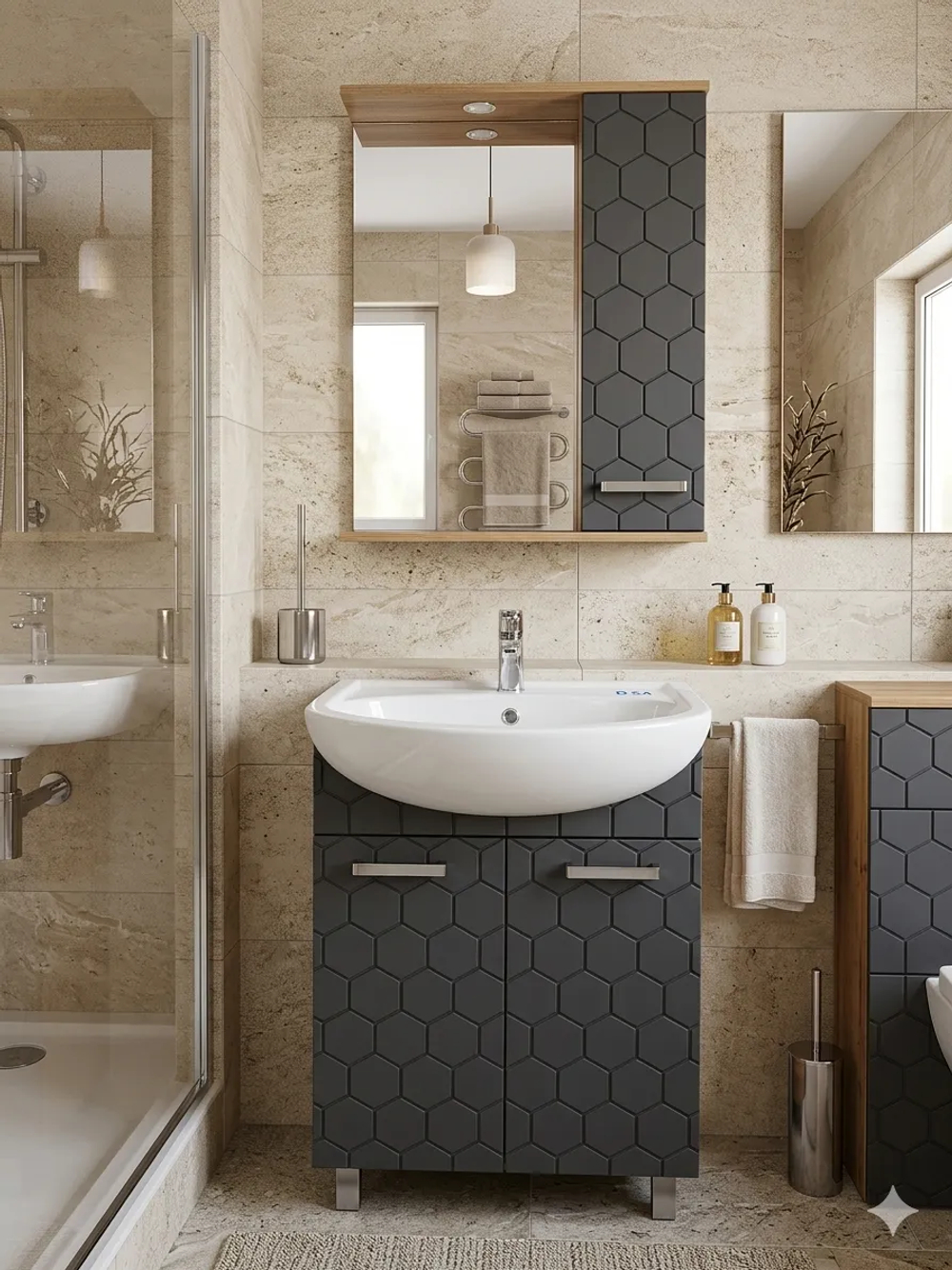 Тумба Сота 60 цвет Дуб Сонома + Графит с умывальником Уют 60 (в комплекте)