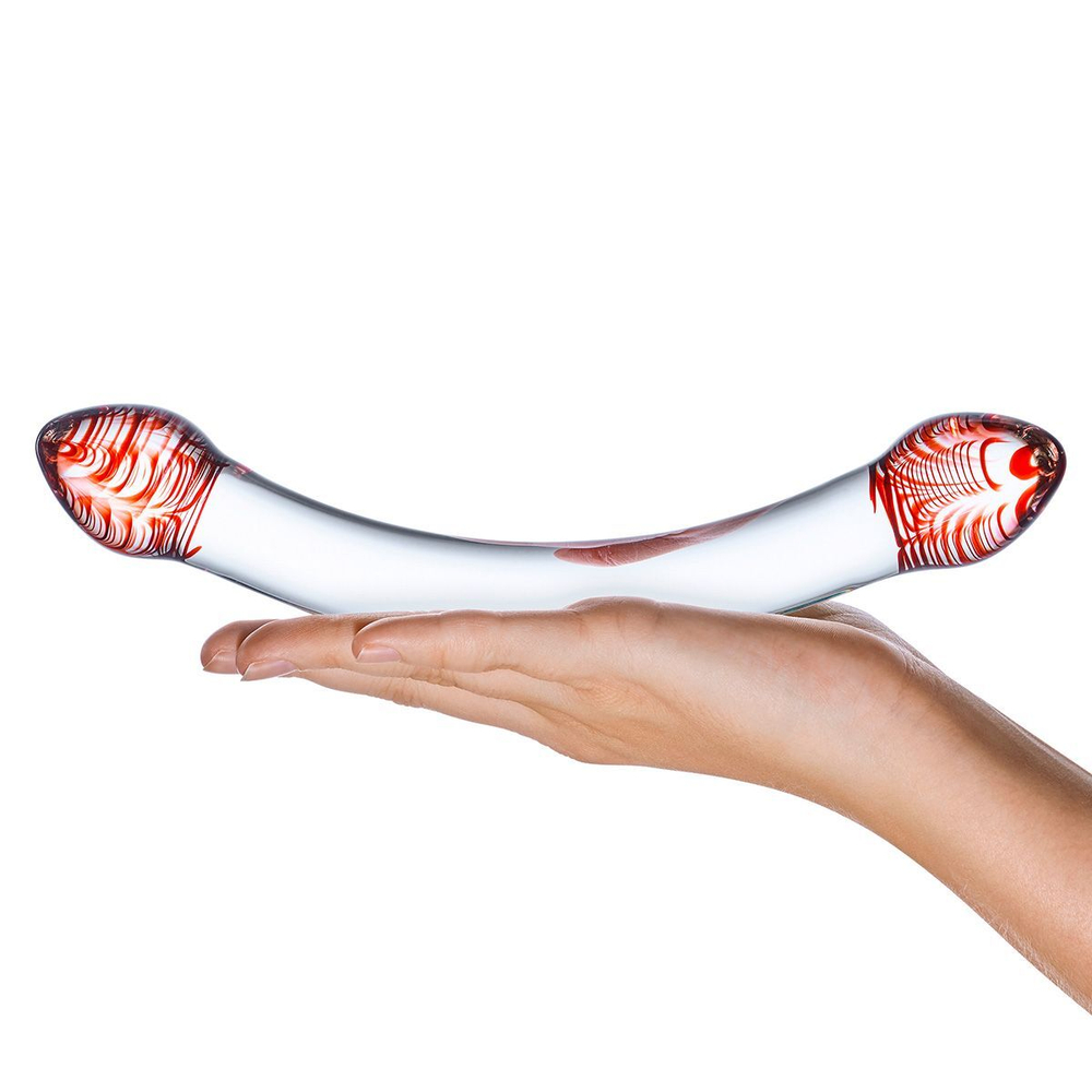 Изогнутый двусторонний фаллос из стекла Red Head - 22 см. (Цвет: прозрачный)