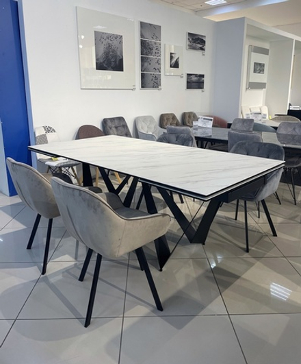 Стол RIETI 200 KL-99 Белый мрамор матовый, итальянская керамика / черный каркас, ®DISAUR