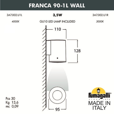 Светильник уличный настенный FUMAGALLI FRANCA 90-1L WALL 3A7.002.000.WXU1L