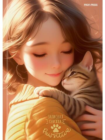 Записная книжка А6 48л. "Девушка и котёнок" 7БЦ, глянц.ламинир. лен (Проф-Пресс)