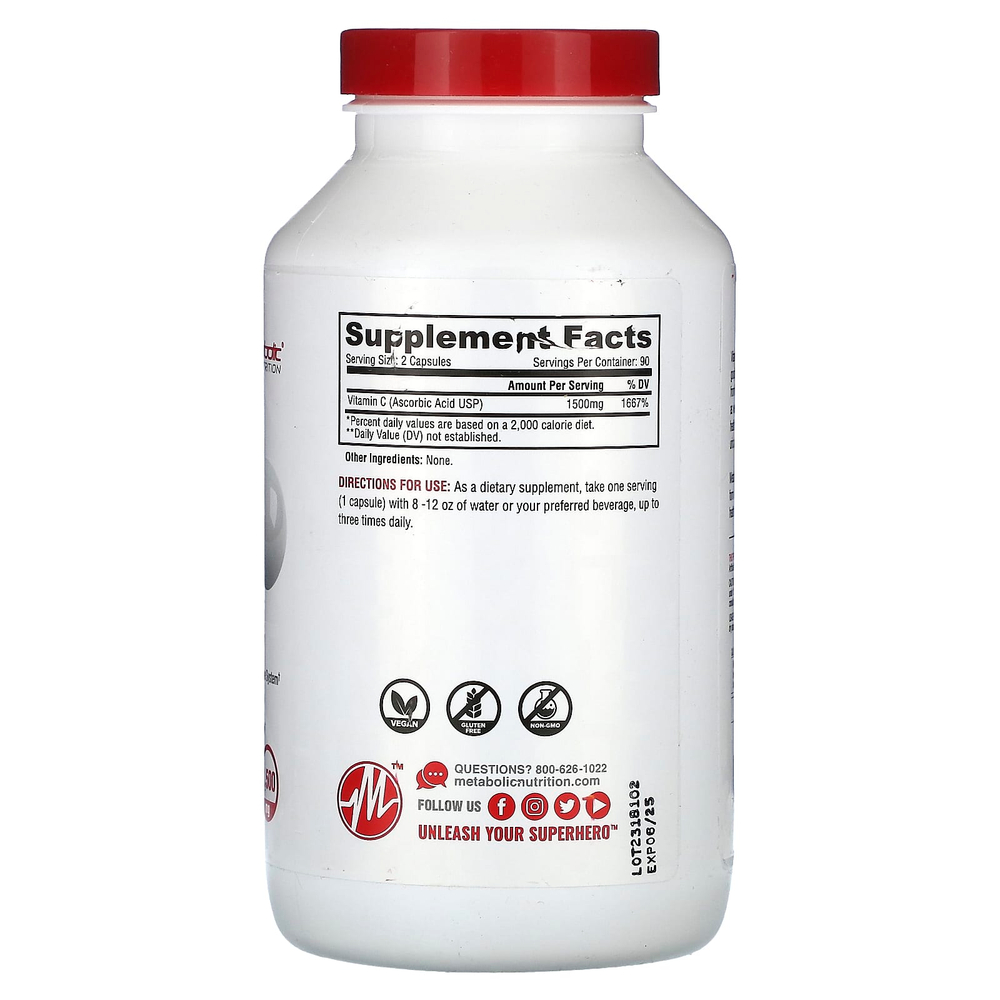 Metabolic Nutrition, Витамин C, 180 капсул (750 мг на капсулу)