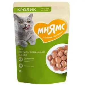 Пауч Мнямс для стерилизованных кошек, кусочки в соусе с кроликом