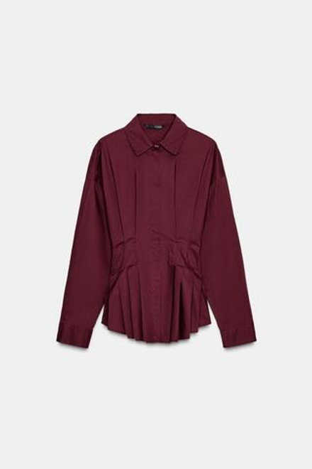 ZARA РУБАШКА ИЗ ПОПЛИНА СО СКЛАДКАМИ, БУРГУНДИ