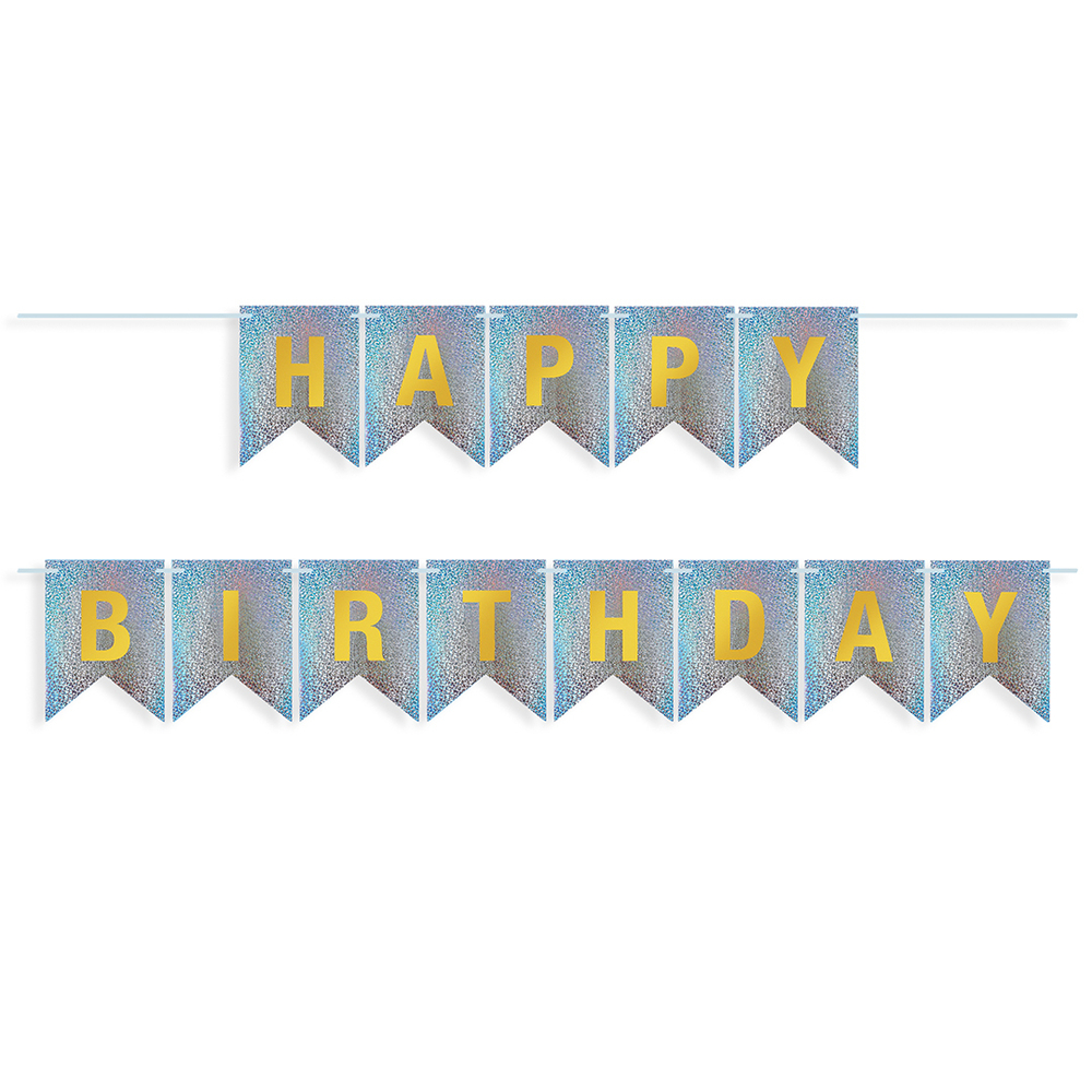 Гирлянда Флажки, Happy Birthday, Серебро, Голография, 350 см, 17*12 см