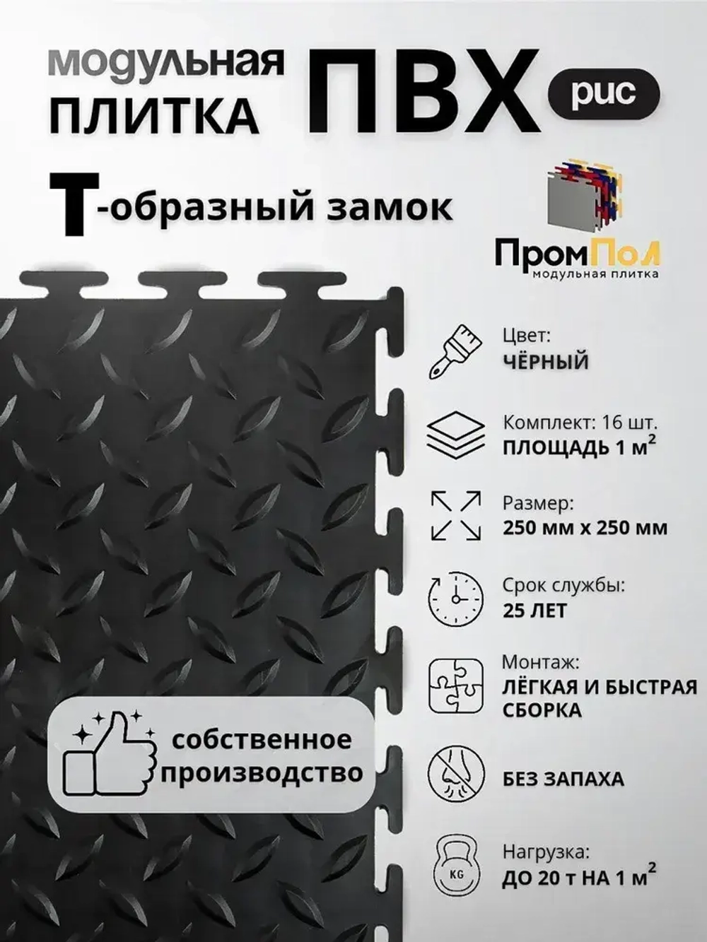 Плитка ПВХ 16шт, модульная плитка для пола чёрная 5мм, 250х250мм замковый пвх, напольное покрытие