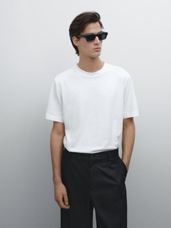 Massimo Dutti Футболка с коротким рукавом из смесового льна, кремовый