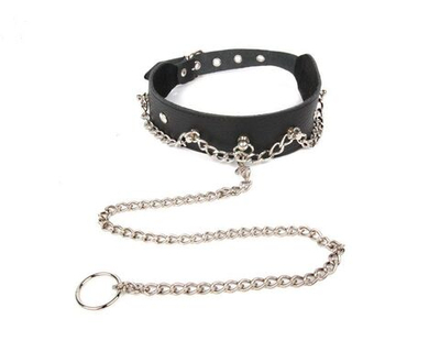 Черный ошейник с металлическим поводком-цепочкой (Цвет: черный)