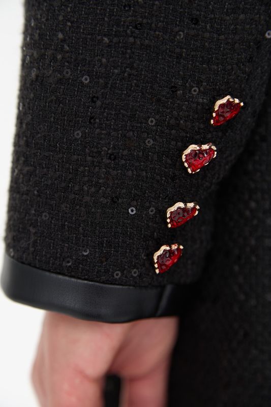 Жакет из твида укороченный однобортный с отделкой из экокожи, черный