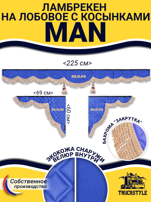 Ламбрекен с косынками стеганые Man (экокожа, синий, бежевая бахрома "закрутка")