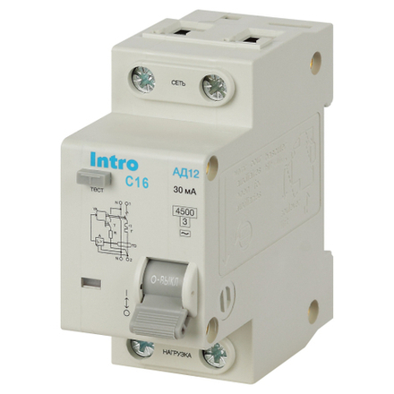 Автоматический выключатель дифференциального тока Intro ID12E2C16AC30 АД12 1P+N С16 30мА тип АС