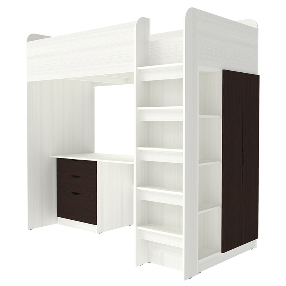 Кровать-чердак КарИВи Polini Simple с письменным столом и Шкаф КарИВиом Белое Дерево Венге