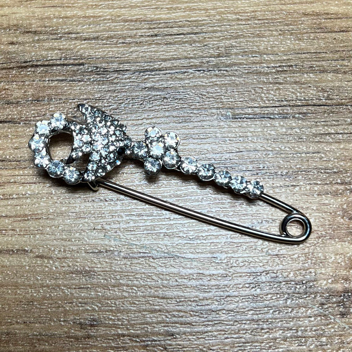 Брошь-булавка 10 кристаллов цветочек рыбка стразы металл серебристый 6 см