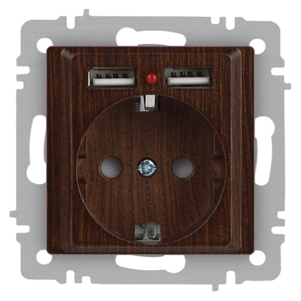 Розетка Intro Accent 6-410-10 с заземлением 2P+E Schuko со шторками 16А-250В + 2хUSB IP20 СУ венге