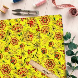 Ткань ниагара хохломские узоры на жёлтом