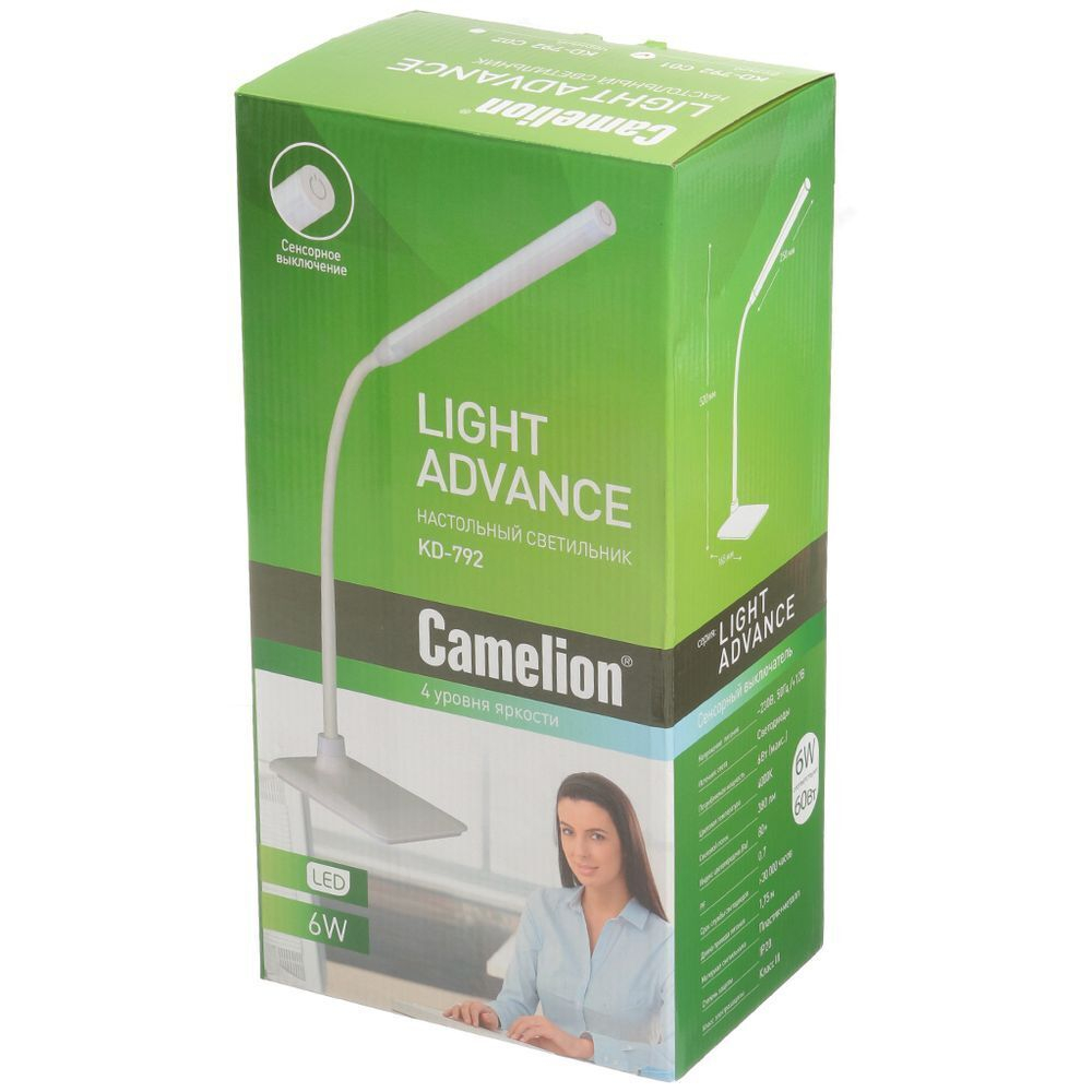 Светильник настольный сенсорное включение, 6 Вт, белый, Camelion, KD-792 C01, 12488