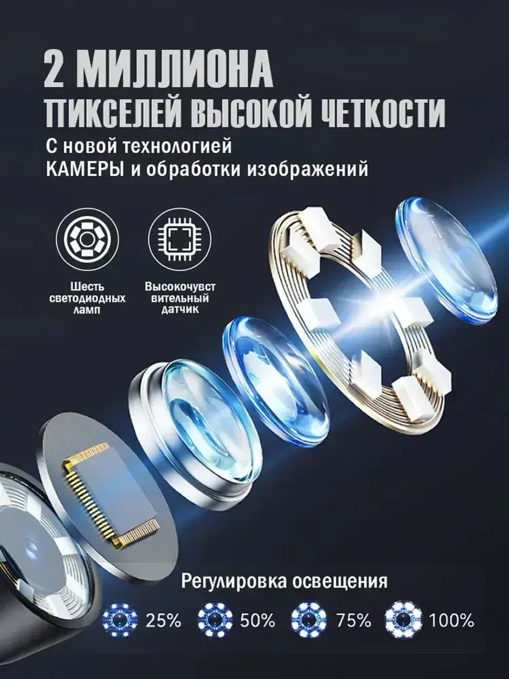 Промышленный эндоскоп с 360 вращающейся видеокамерой, 6 мм, 2 МП HD, водонепроницаемость IP67, совместим с iOS и Android.