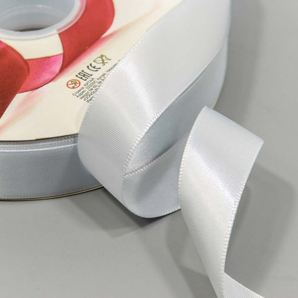 Лента Атласная 2,5см х 110м Полиэстер класс А (Белый)