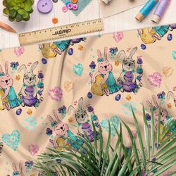 Ткань шелк Армани пасхальные кролики с сердечками