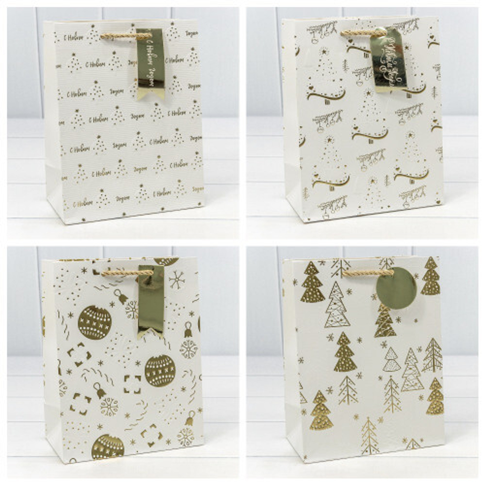 Пакет подарочный 18 х 23 х 10 см Набор 4 шт "Новый год" с тиснением (Белый)