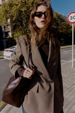 ZARA ДВУБОРТНЫЙ БЛЕЙЗЕР ОВЕРСАЙЗ, КОРИЧНЕВЫЙ/ЭКРЮ