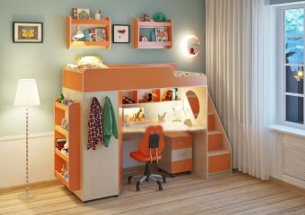 Кровать-чердак КарИВи Легенда 4.3 с полками 80х190  Дуб Молочный Оранжевый