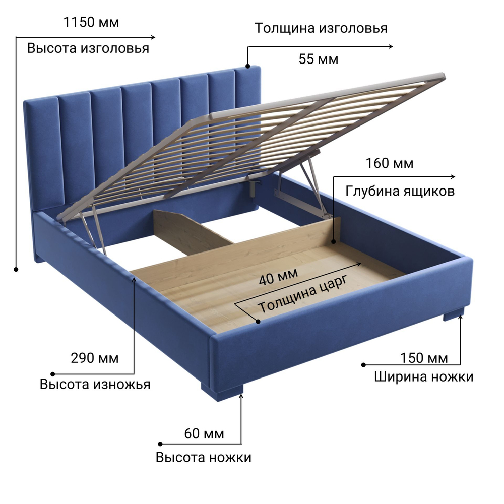 Кровать двуспальная, 180х200 Беатрис синий