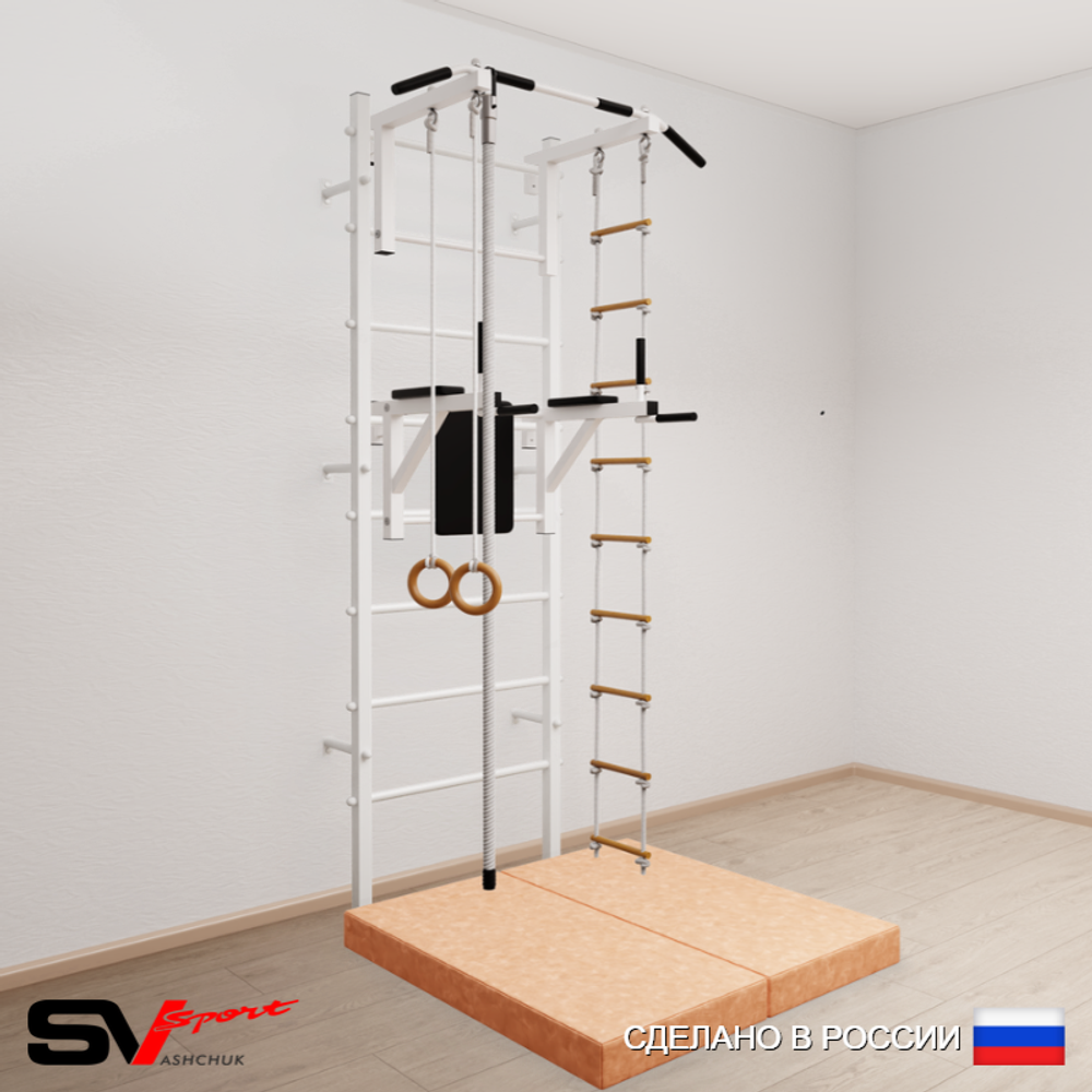 Шведская стенка Sv Sport усиленная 6044 (Турник стандарт/Брусья/Канат/Кольца/Лестница/Мат 1м)