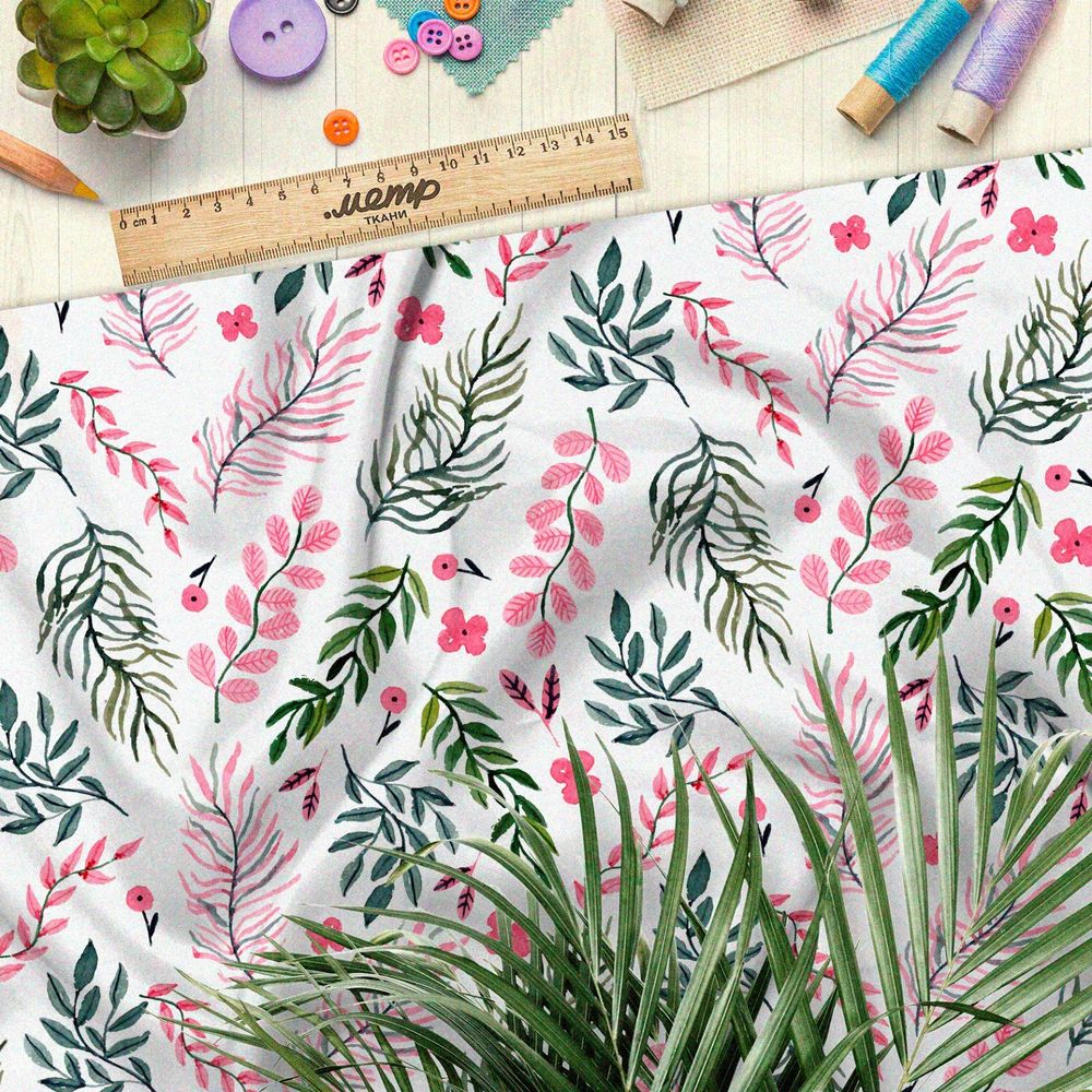 Ткань оксфорд 600 розовые и зелёные листья на бежевом фоне